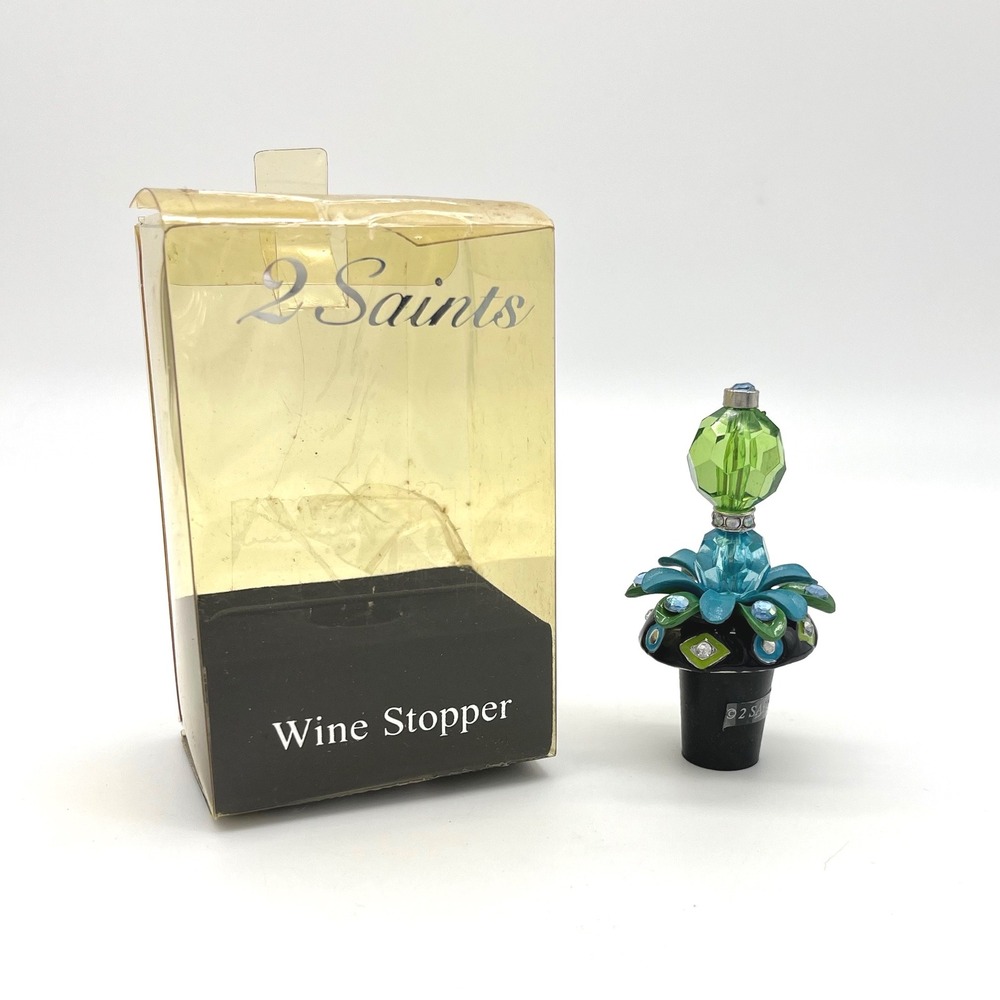 2 Saints‎ Decorative Wine Stopper Bottle Saver Green Blue Rhinestone